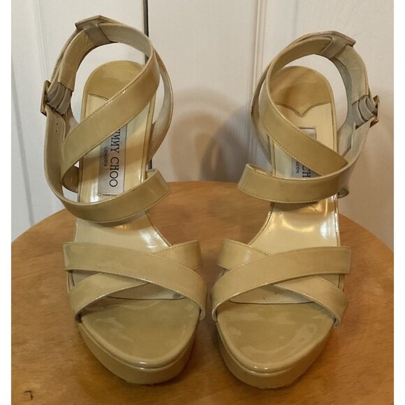 Jimmy Choo Beige Nude Patent Leather Platform Strappy Heels Size 40.5 US 10.5 - Picture 2 of 6